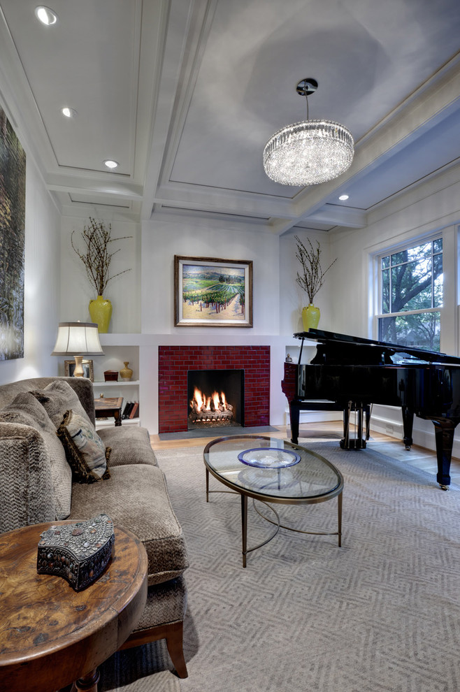 Inspiration for a contemporary living room in Dallas with a tile fireplace surround.