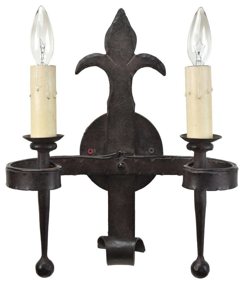 Consigned Wrought Iron Fleur De Lis 2 Candle Sconce