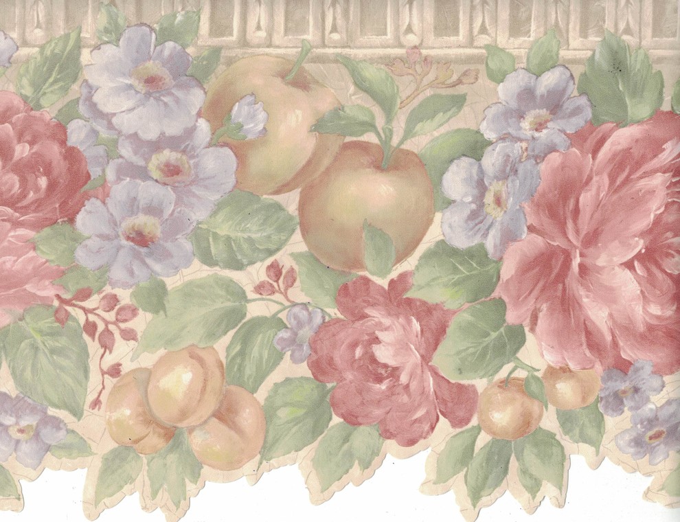 Wallpaper Border Flower and Fruits Wallpaper Border B0670, Prepasted Farmhouse Wallpaper