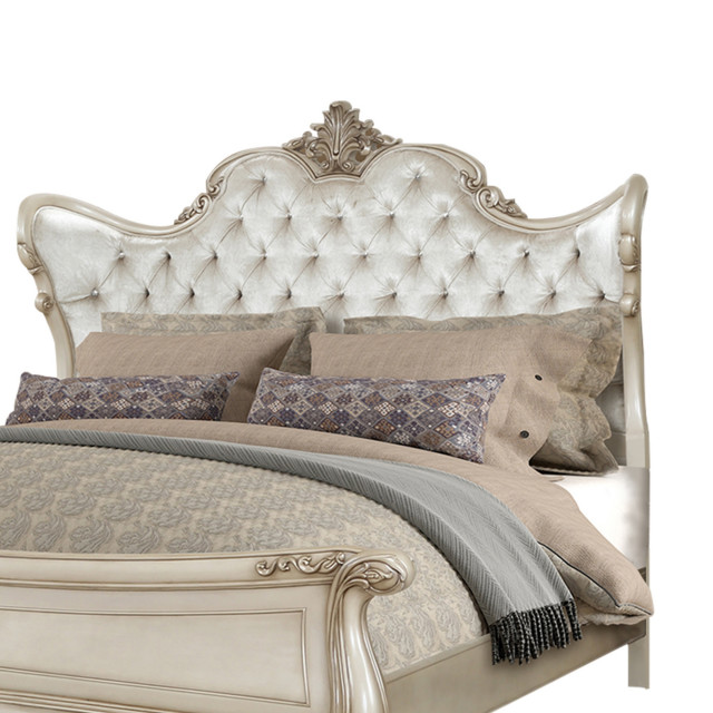 Fabric Upholstered Button Tufted Queen Size Wingback Headboard, White Victorian Headboards