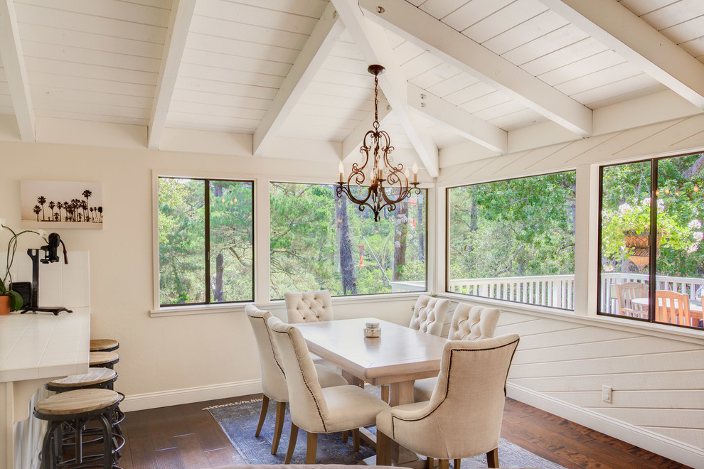 Inspiration for a transitional open plan dining in San Francisco with white walls and medium hardwood floors.
