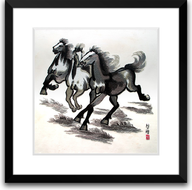 Galloping Horses - Hand Designed Silk Art, Silk Embroidery - Asian ...