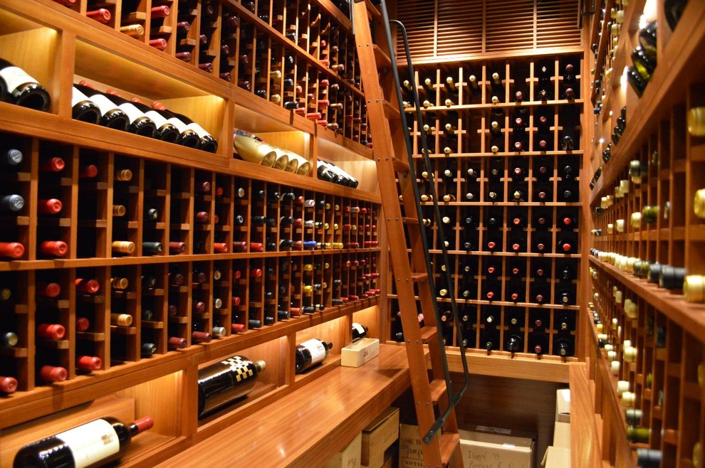 Large minimalist terra-cotta tile wine cellar photo in San Diego with display racks