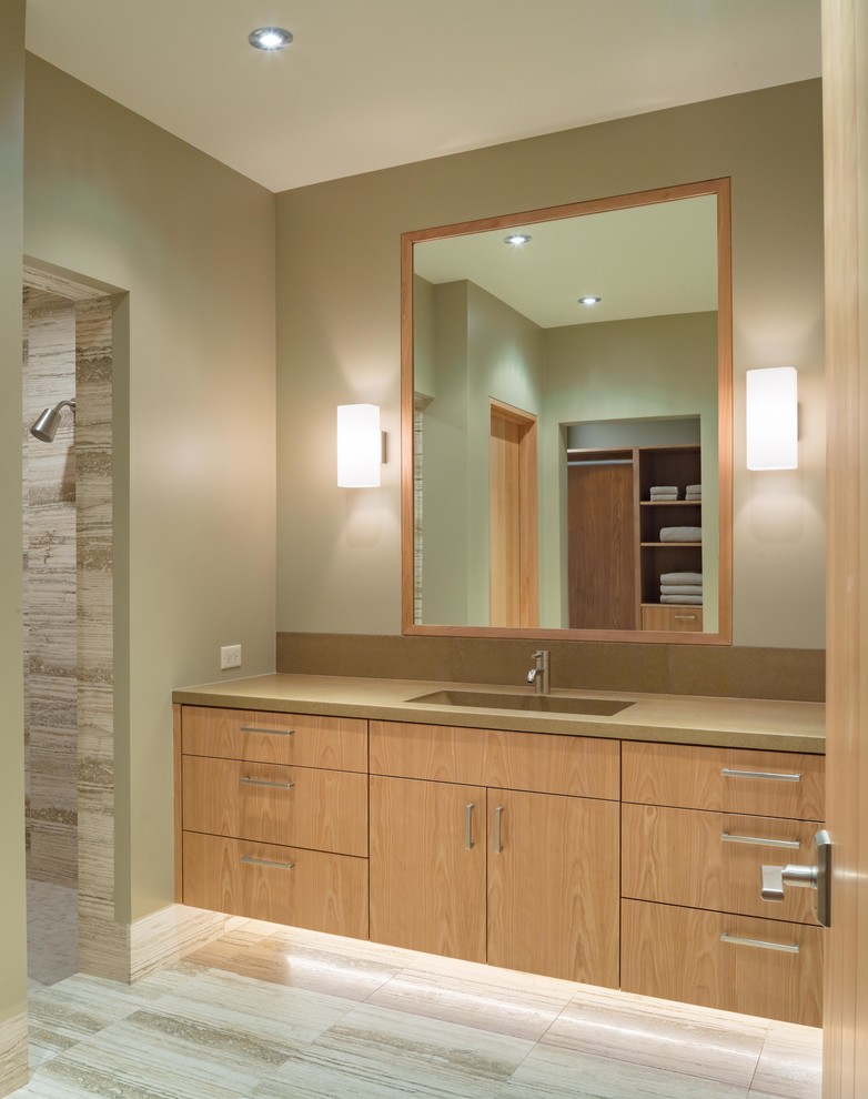 Design ideas for a large modern bathroom in Other with flat-panel cabinets, light wood cabinets, a freestanding tub, an alcove shower, beige tile, with a sauna and an integrated sink.