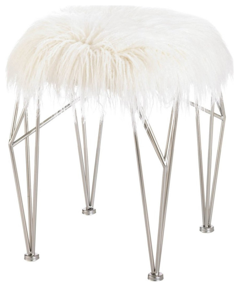 Silver Geometric Vanity Stool With White Faux Fur Contemporary