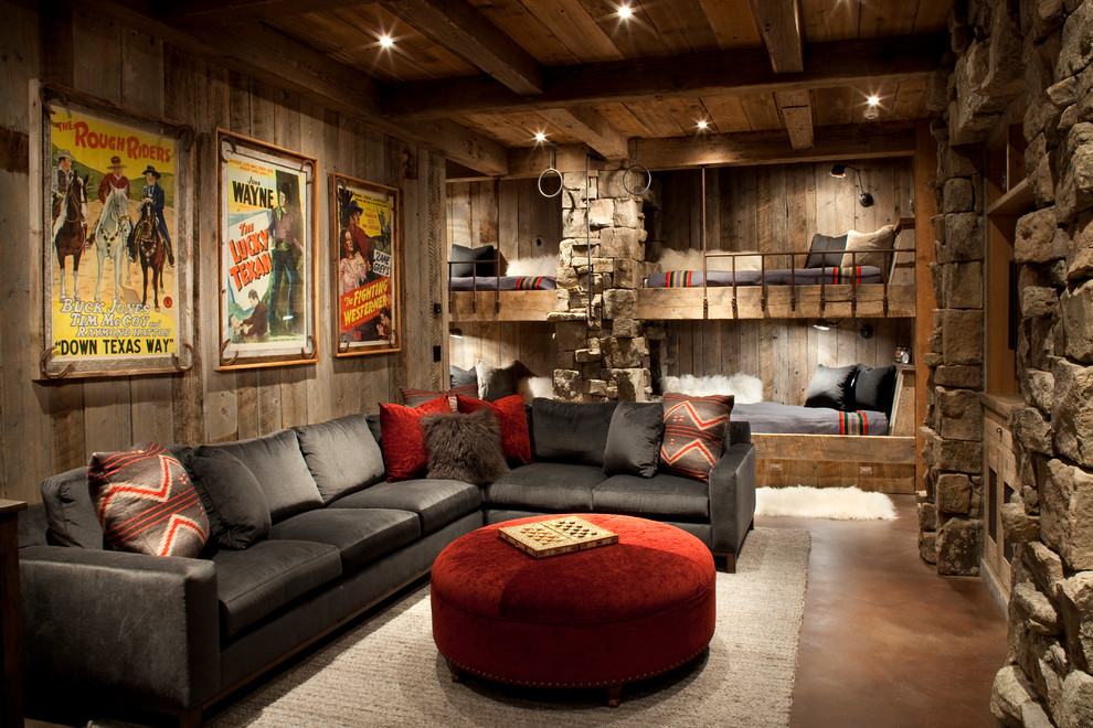 Mountain Ski Lodge - Kids' bedroom - bedroom and mid-sized rustic gender-neutral concrete floor and brown floor kids' bedroom idea with brown walls