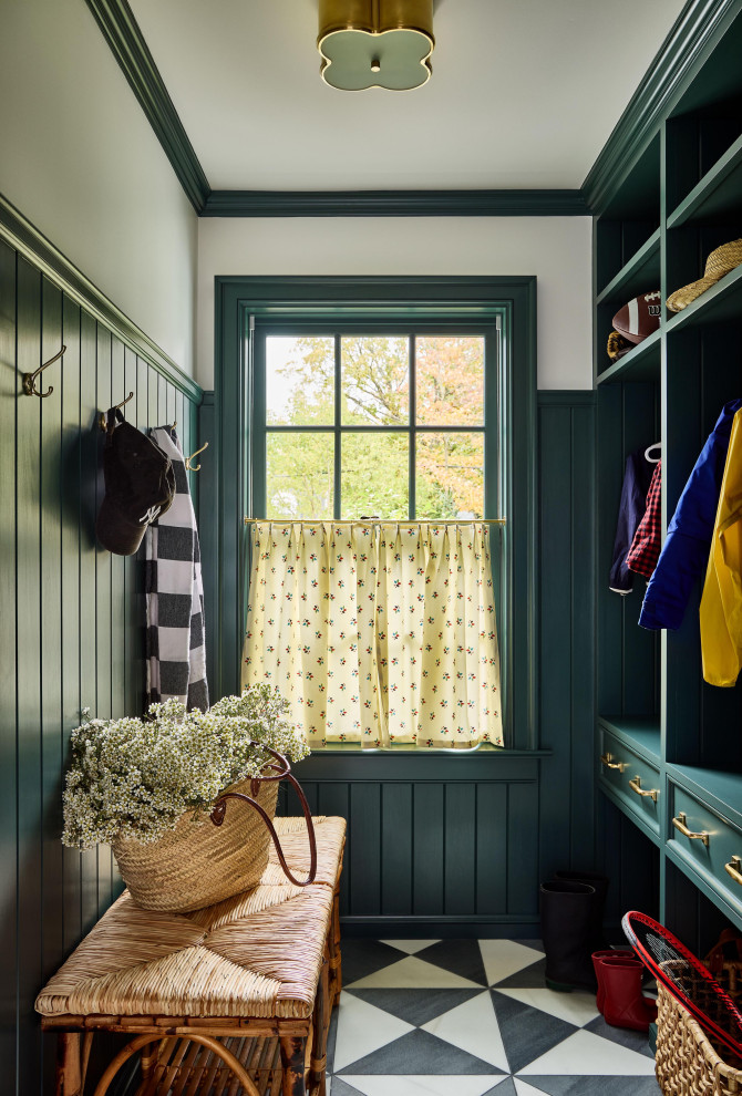 Rye Colonial - Example of a classic multicolored floor and wainscoting mudroom design in New York with white walls