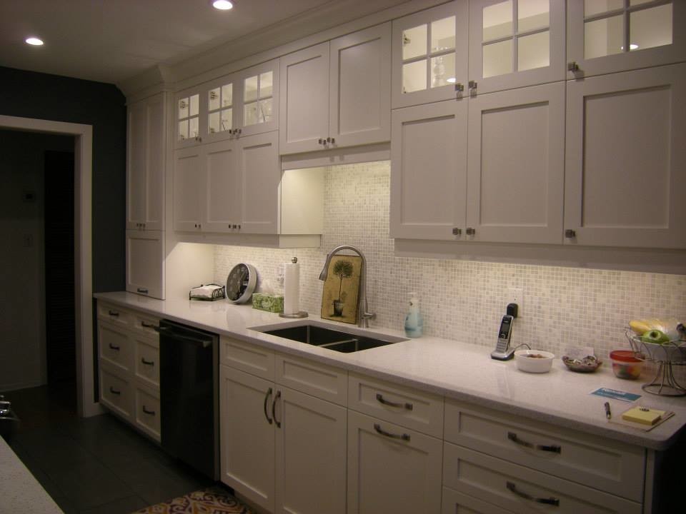 Inspiration for a transitional galley dark wood floor kitchen remodel in Toronto with a double-bowl sink, shaker cabinets, white cabinets, white backsplash, mosaic tile backsplash and stainless steel appliances