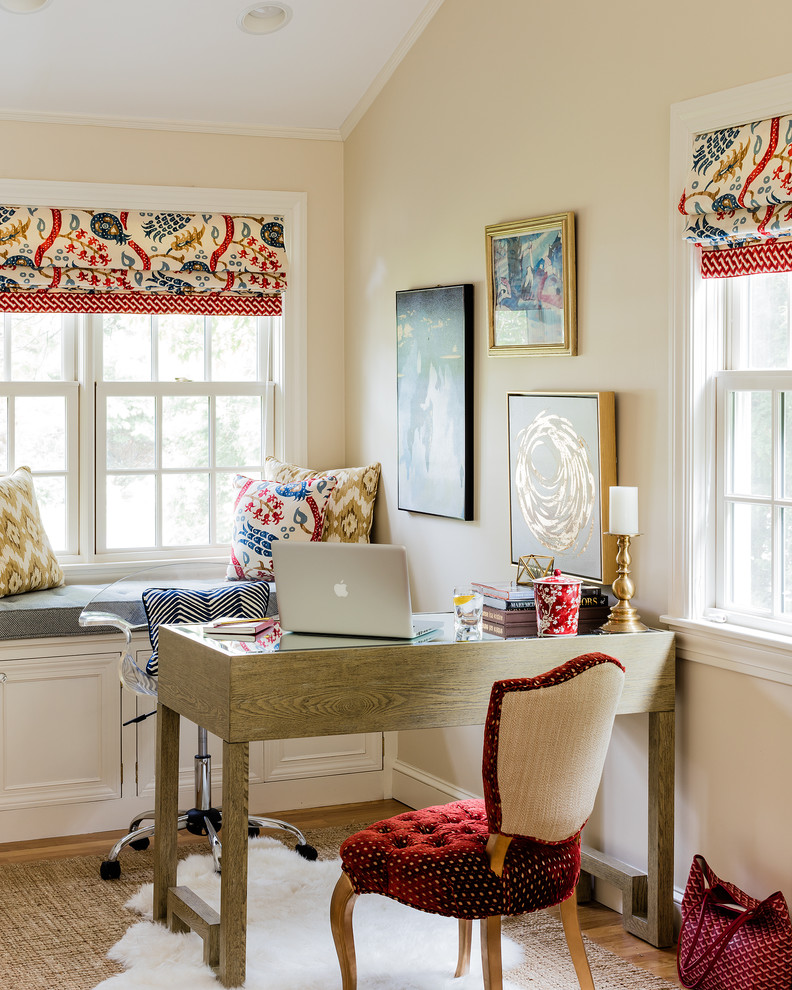 Inspiration for a transitional study room in Boston with beige walls and a freestanding desk.