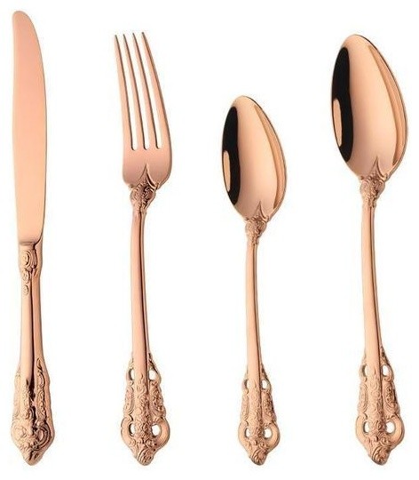 24-Piece Vintage 18K Rose Gold Plated Stainless Steel Flatware Set, 6  Settings