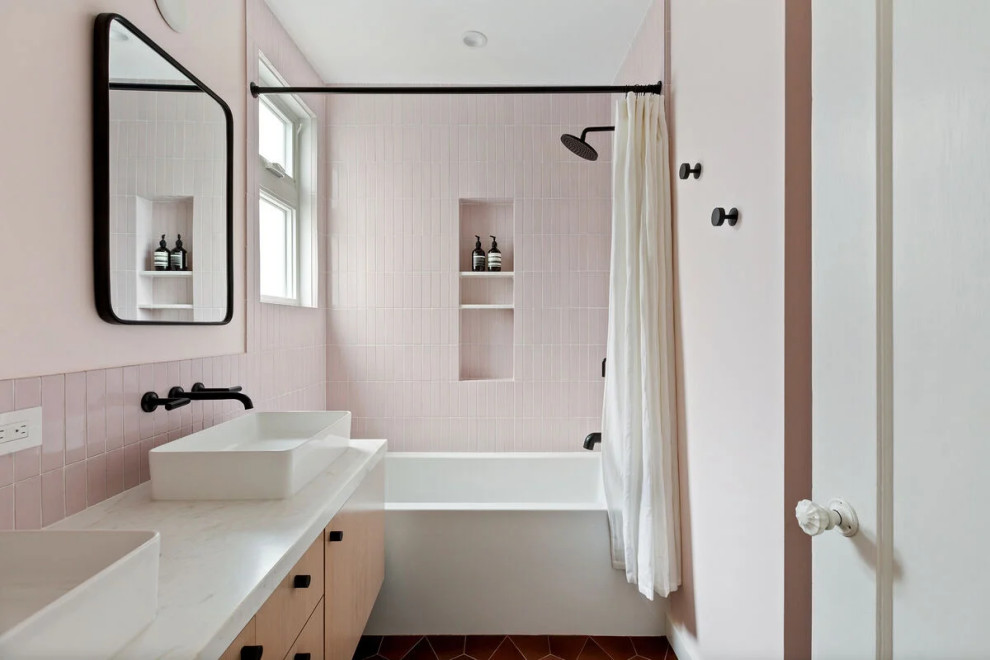 Design ideas for a modern bathroom in San Francisco with pink tile, ceramic tile and ceramic floors.