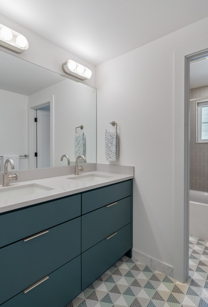 Hall Bath with Blue Double Vanity