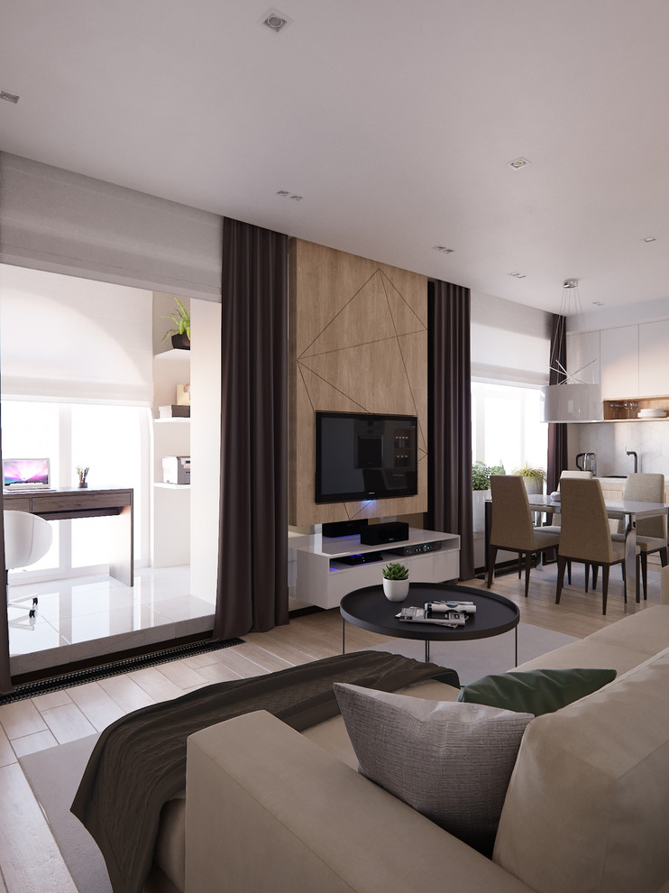 Проект небольшой квартиры с панорамными окнами и видом на лес.