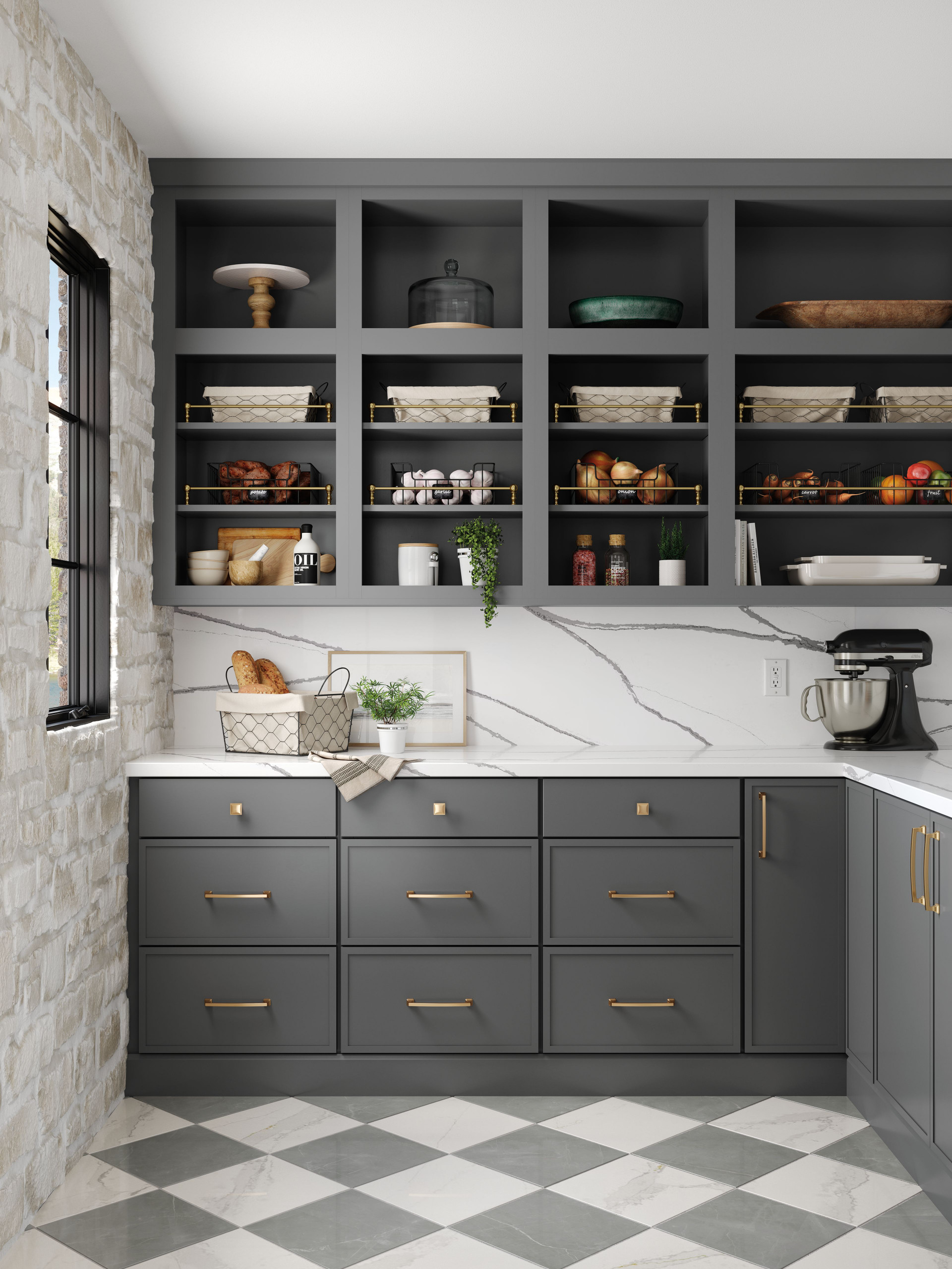 Gray slim shaker - pantry with countertop splash