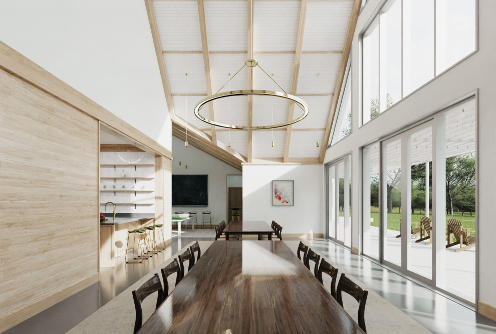 Пример оригинального дизайна: большая гостиная-столовая в современном стиле с белыми стенами, бетонным полом, серым полом, сводчатым потолком и деревянными стенами