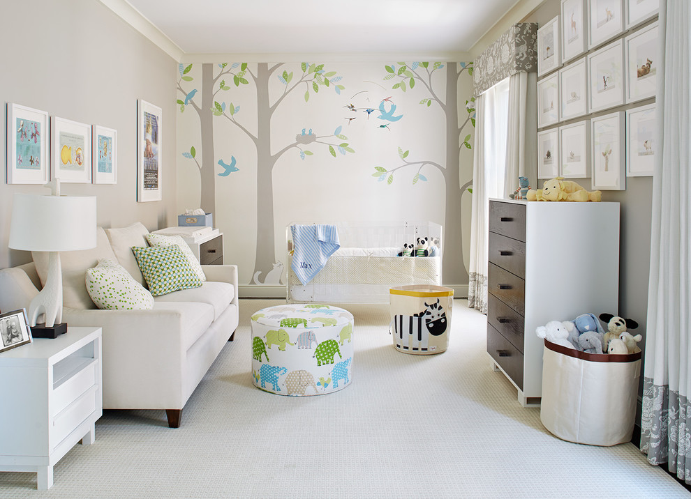 Inspiration for a mid-sized transitional gender-neutral nursery in San Francisco with grey walls, carpet and white floor.