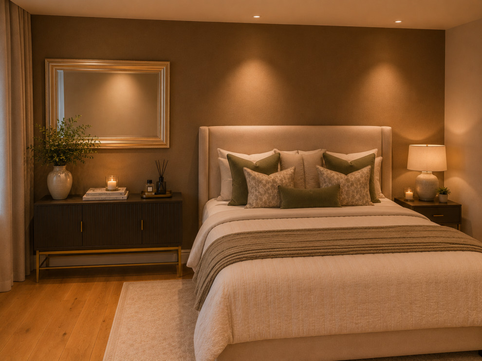 Design ideas for a medium sized country bedroom in Oxfordshire with medium hardwood flooring and brown floors.