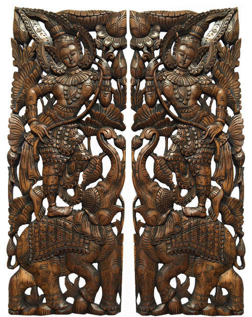 Traditional Lotus Thai Figure Carved Wood Wall Art Panel And Elephant Set Of 2 Asian Accents By Asiana Home Decor Houzz - Thai Home Wall Decor