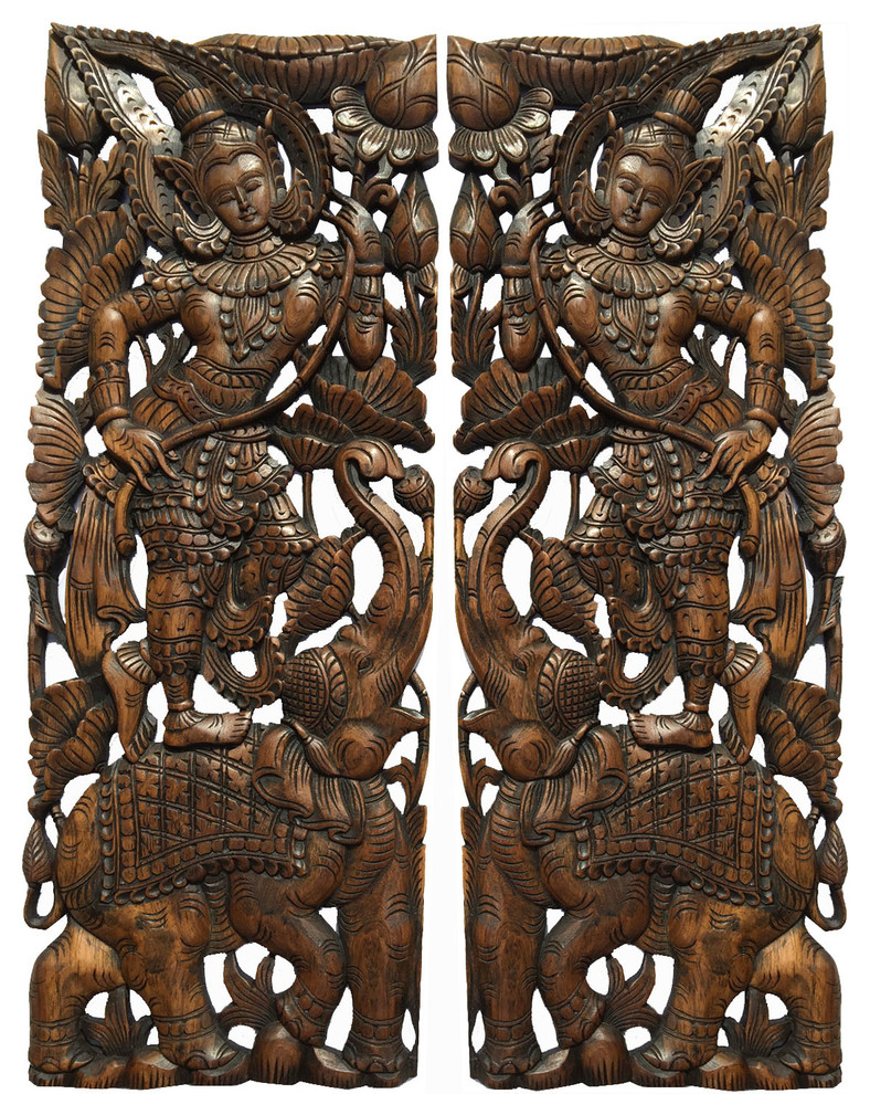 Traditional Lotus Thai Figure Carved Wood Wall Art Panel And Elephant Set Of 2 Asian Accents By Asiana Home Decor Houzz - Carved Wood Panels Wall Art