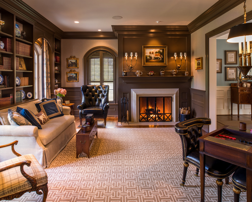 Traditional formal living room in Philadelphia with brown walls.