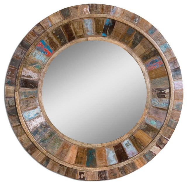 Brown Modern Design Round Wall Mirror, Round Mango Wood Mirror