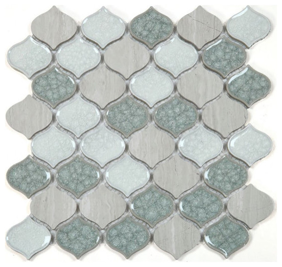 Mosaic Crackle Glass Tile Arabesque Shape, Sea Green