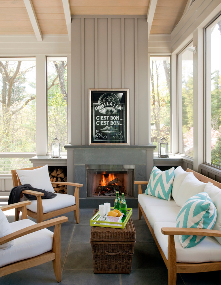 Inspiration for a transitional sunroom in Boston with grey floor.
