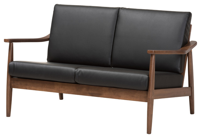 Venza Mid-Century Modern Walnut Wood Black Faux Leather 2-Seater