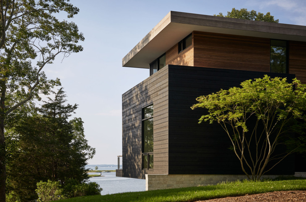 Medium sized modern two floor detached house in New York with wood cladding.