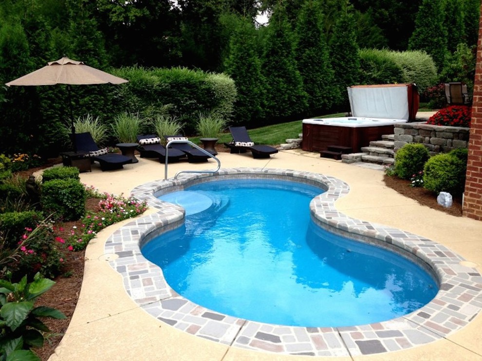 Inspiration for a mid-sized transitional backyard concrete paver and custom-shaped pool remodel in Nashville