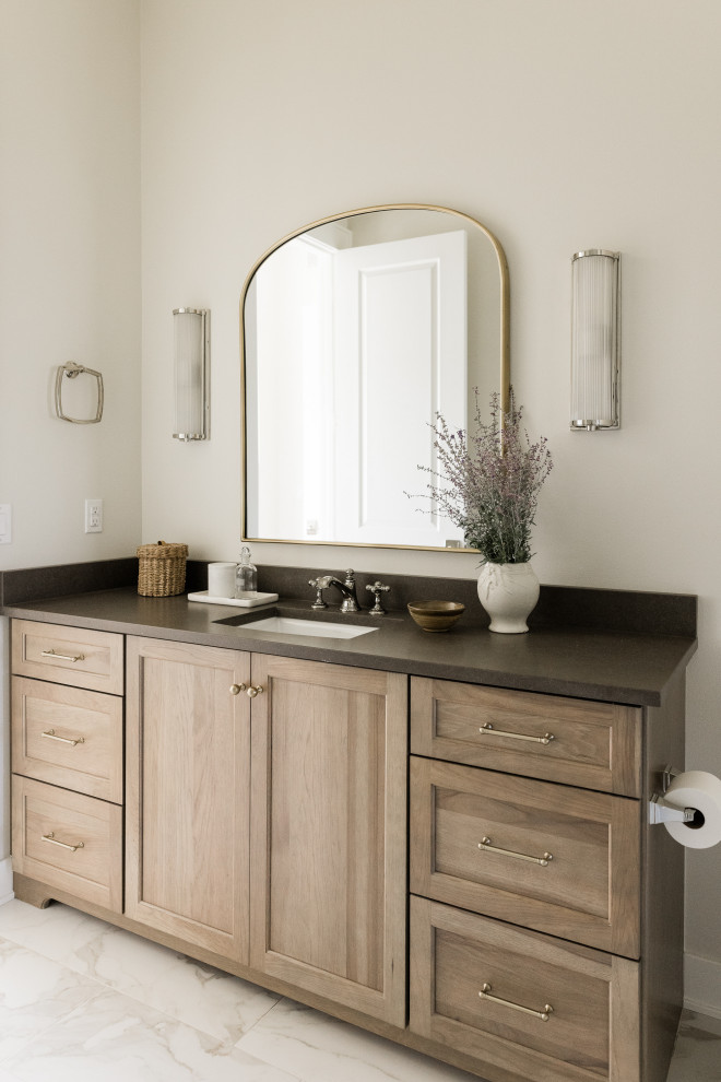 Photo of a large classic ensuite bathroom in Other with recessed-panel cabinets, medium wood cabinets, a freestanding bath, a walk-in shower, grey tiles, ceramic tiles, white walls, ceramic flooring, a submerged sink, engineered stone worktops, white floors, a hinged door, brown worktops, a shower bench, double sinks and a built in vanity unit.