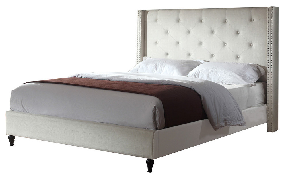 Valentina Upholstered Linen Blend Wingback Platform Bed, Beige, California King