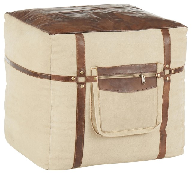 Samson Pouf, Espresso Leather, Sand Canvas