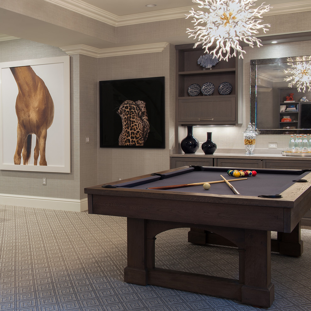 Photo of a large transitional enclosed family room in New York with a game room, grey walls, carpet, no fireplace and beige floor.