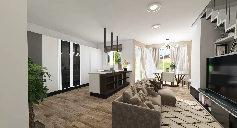 Идея дизайна: открытая гостиная комната среднего размера в стиле модернизм с полом из керамогранита и многоуровневым потолком