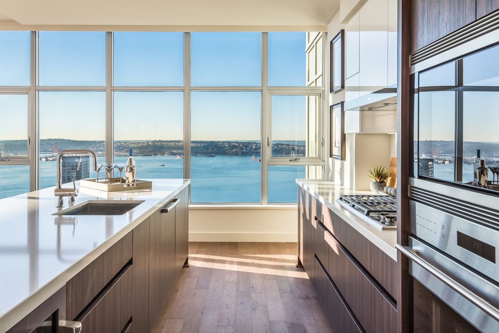 Photo of a contemporary galley kitchen in Seattle with an undermount sink, flat-panel cabinets, dark wood cabinets, stainless steel appliances, light hardwood floors and with island.