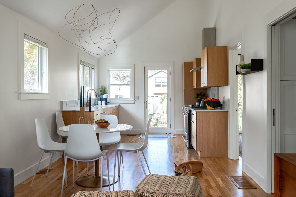 Réalisation d'une petite salle à manger minimaliste avec un mur blanc, parquet clair et un plafond voûté.