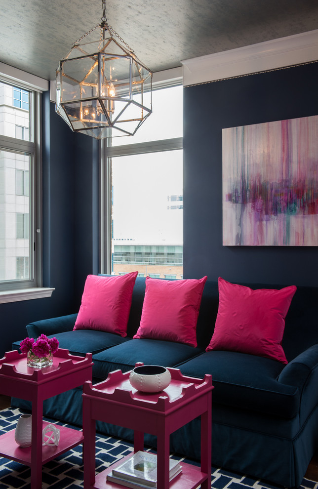 Example of a transitional carpeted home office design in DC Metro with blue walls