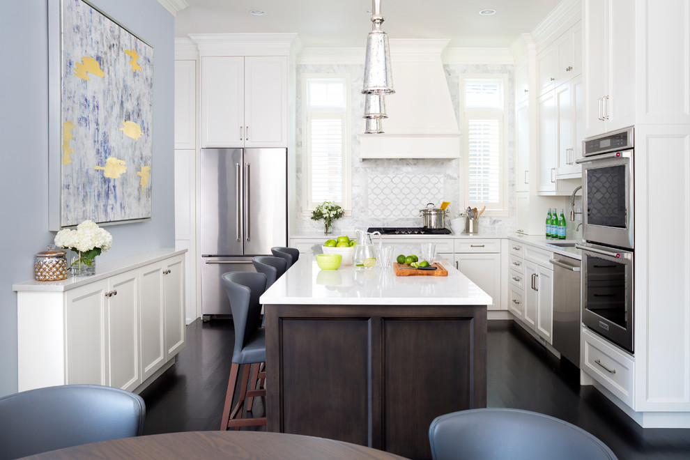Transitional dark wood floor eat-in kitchen photo in DC Metro with an undermount sink, shaker cabinets, white cabinets, multicolored backsplash, stainless steel appliances and an island