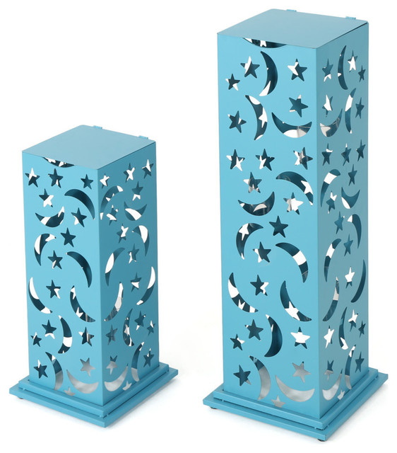 Gdf Studio 2 Piece Rovien Outdoor Iron Cutout Lanterns Set Blue