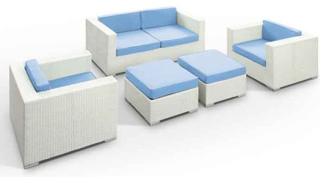 Modway - Malibu Outdoor Rattan 5 Piece Set In White With Light Blue Cushions - E