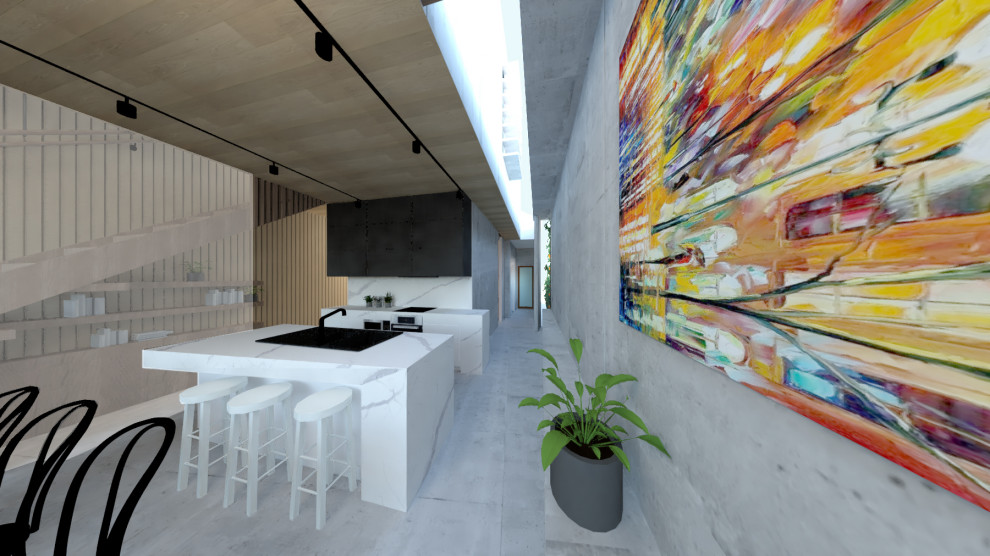 This is an example of a mid-sized contemporary galley open plan kitchen in Melbourne with an undermount sink, flat-panel cabinets, grey cabinets, marble benchtops, white splashback, porcelain splashback, panelled appliances, concrete floors, with island, grey floor and white benchtop.