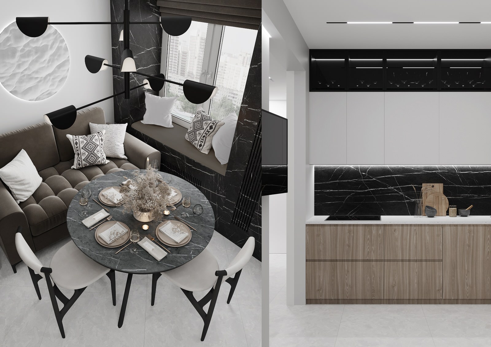 Кухня с панелями под мрамор