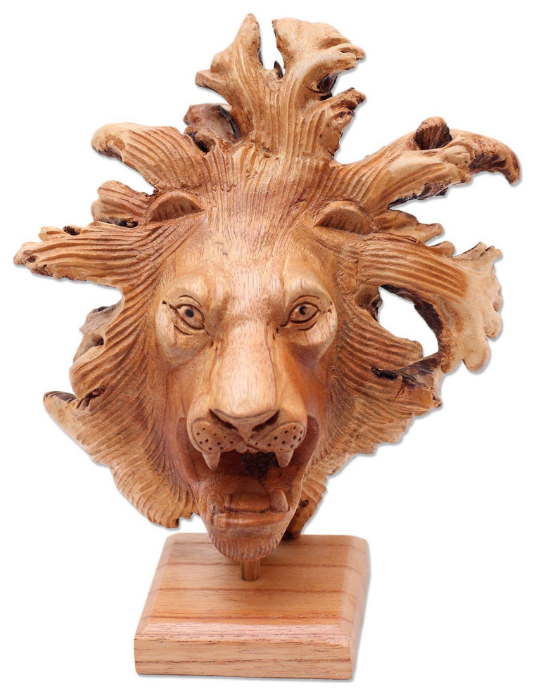 Novica Handmade Emerging Lion Wood Sculpture