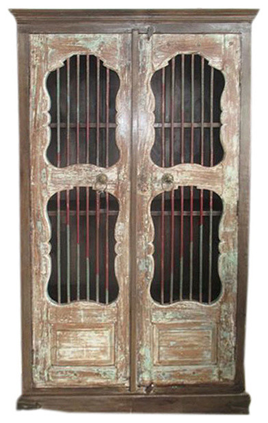 Consigned Antique Mogul Iron Jali Doors Cabinet Cupboard Reclaimed Wood Armoire