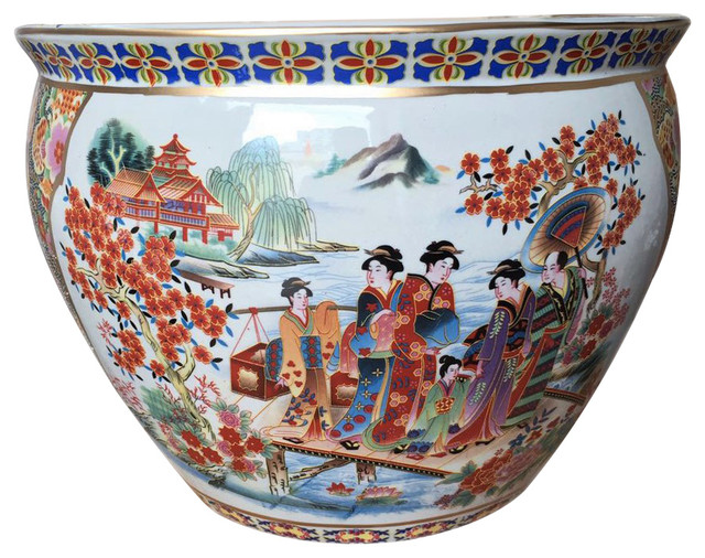Chinese Porcelain Fish Bowl Planter Satsuma Geishas Asian Chinese Porcelain Fish Bowl Planter Satsuma Geishas Asian Outdoor Pots And Planters By Oriental Furnishings