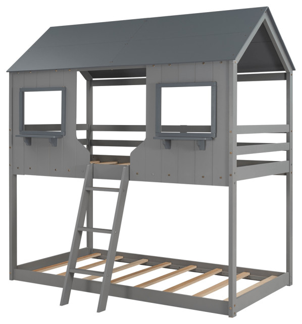 Gray Twin over Twin Contemporary Manufactured Wood and Solid Wood Bunk