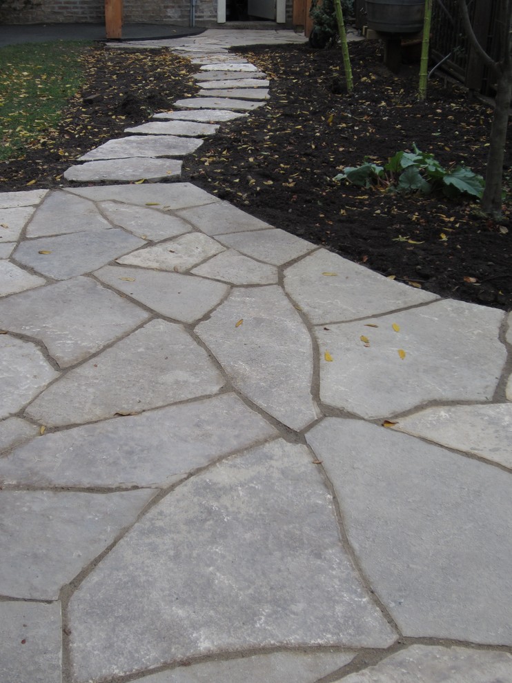 This is an example of a mid-sized transitional backyard patio in Chicago with natural stone pavers and no cover.