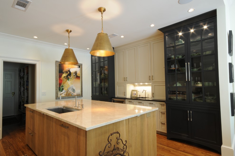 Open concept kitchen - large transitional u-shaped dark wood floor and brown floor open concept kitchen idea in Birmingham with an undermount sink, shaker cabinets, white cabinets, granite countertops, white backsplash, mosaic tile backsplash, paneled appliances and an island