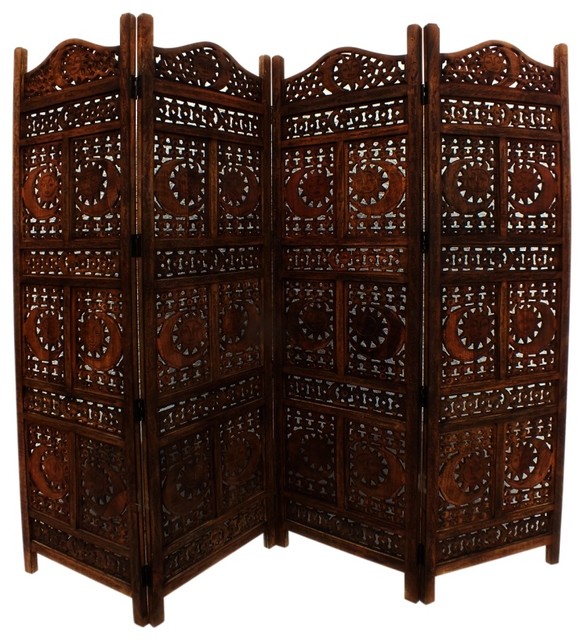 Benzara Hand Carved Sun Moon Foldable 4 Panel Wooden Room Divider Benzara Hand Carved Sun Moon Foldable 4 Panel Wooden Room Divider Brown